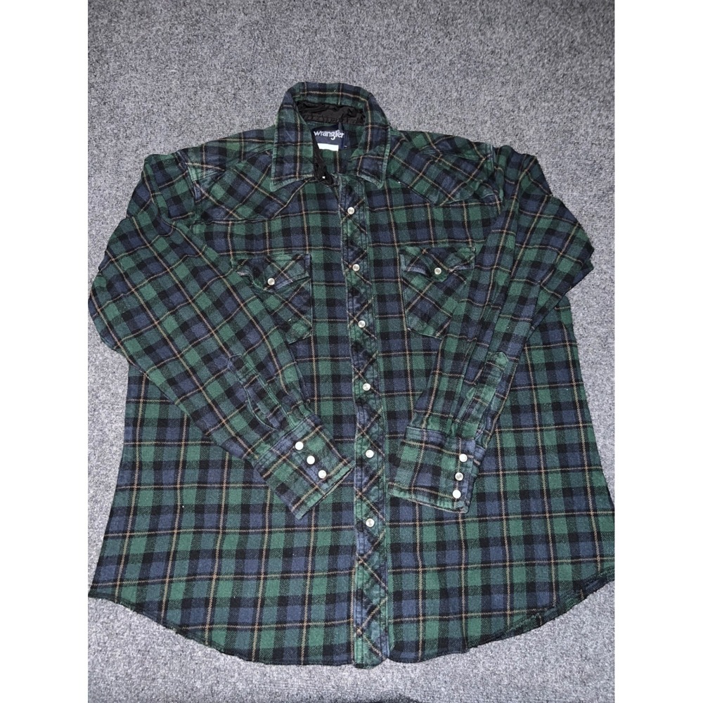 Wrangler Mens Green Blue Plaid Flannel Western Snap Shirt Large WTMH53783